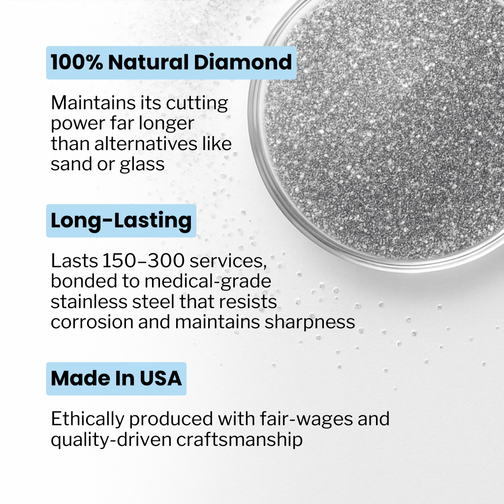 Diamond powder in a clear container with text highlighting its properties on a light gray background.