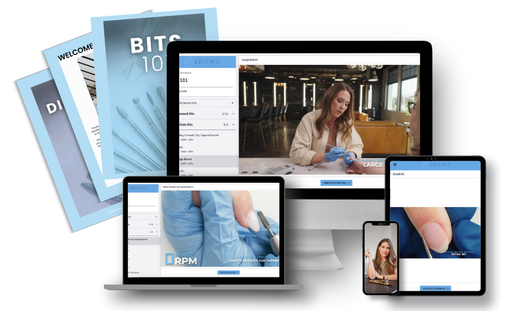 Collection of digital devices displaying a video conference with a woman in a meeting room.