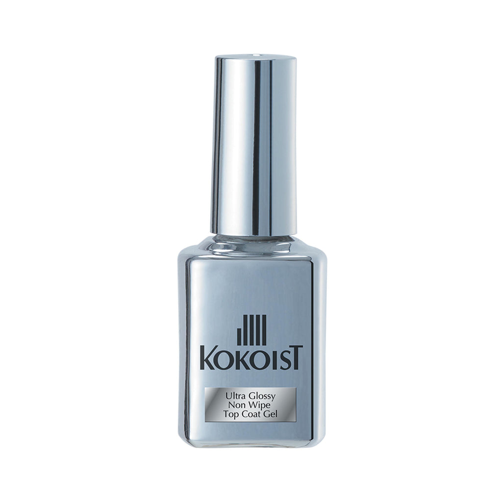 Silver bottle of Kokoist Ultra Glossy Non Wipe Top Coat Gel for Nails