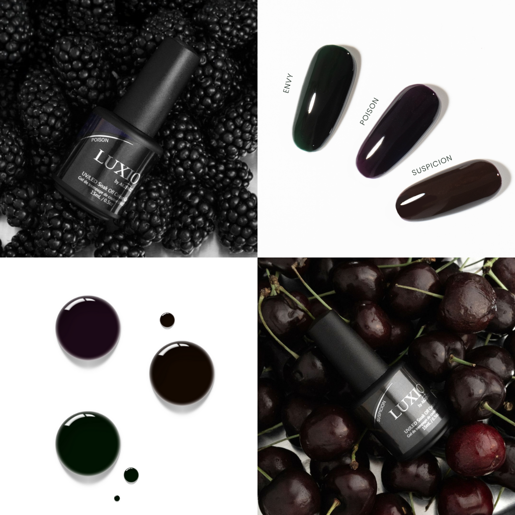Luxio nail polish bottles with blackberry and cherry background
