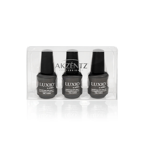 Three Luxio nail polish bottles in a clear packaging on a white background