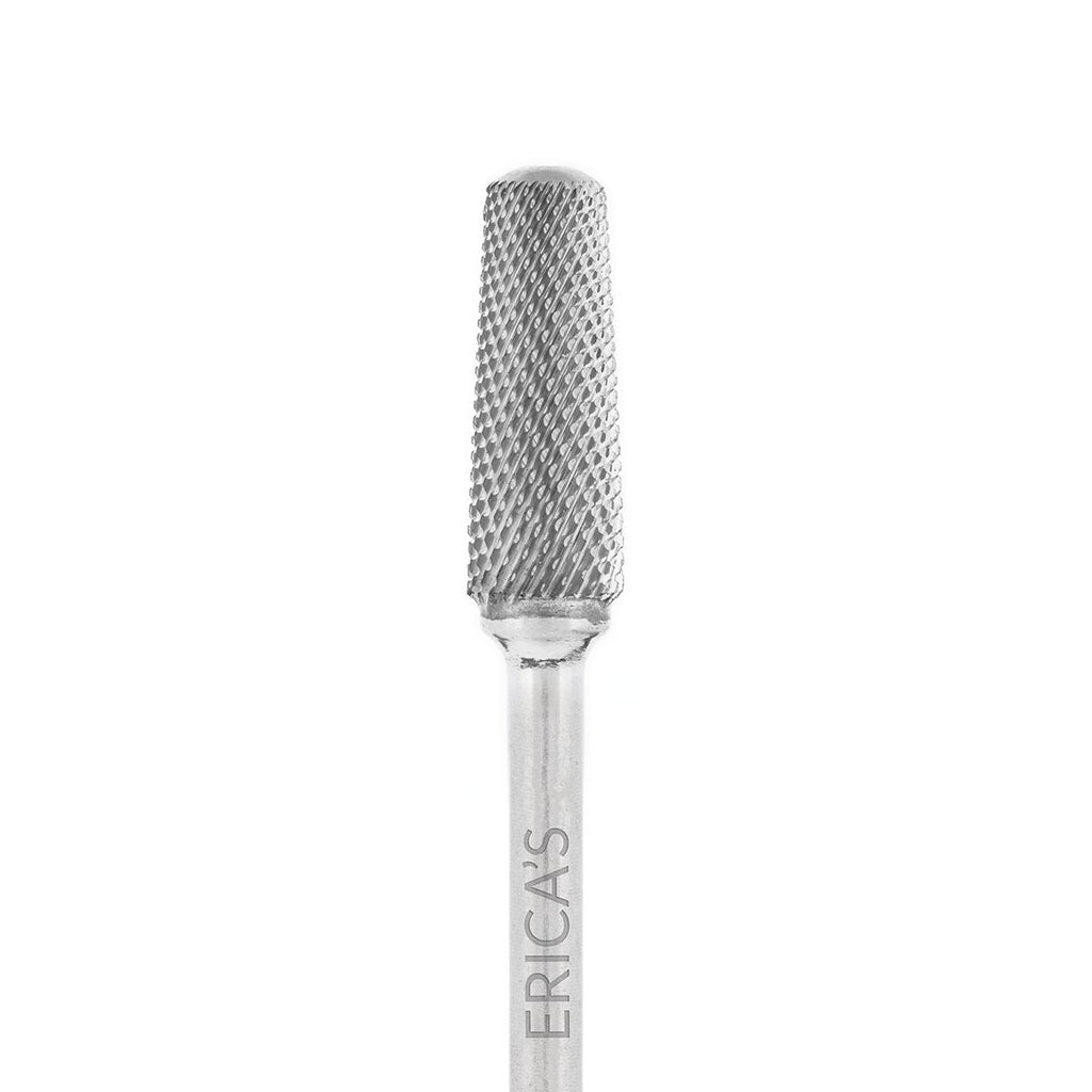 A silver-colored Safety Smooth Top Tapered Barrel carbide bit for nail care, with the brand name ERICA'S engraved on the side.